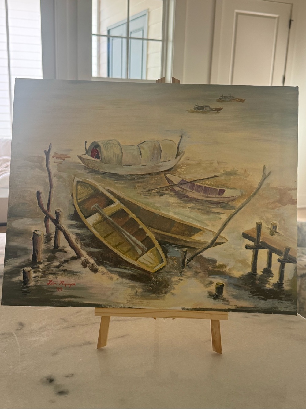 1999 Vietnamese Original Oil Painting Boat Landscape Signed Lam Nguyen Stretched